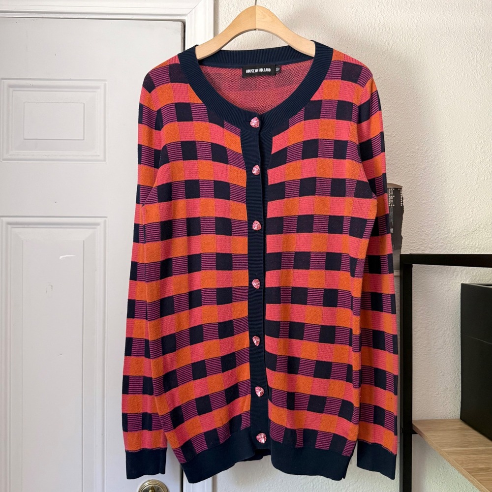HOUSE OF HOLLAND pink‎ navy orange plaid crystal button up long cardigan sweater